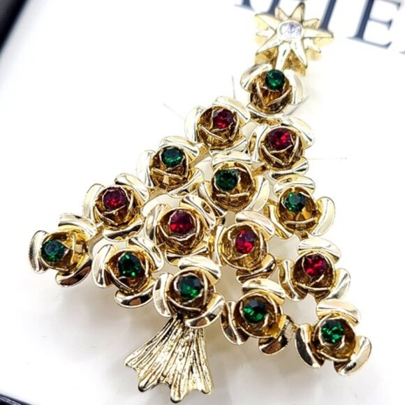 NAPIER Retro Holiday Christmas Tree Gold Red/Green Crystals + a Star Brooch Pin - Picture 2 of 3